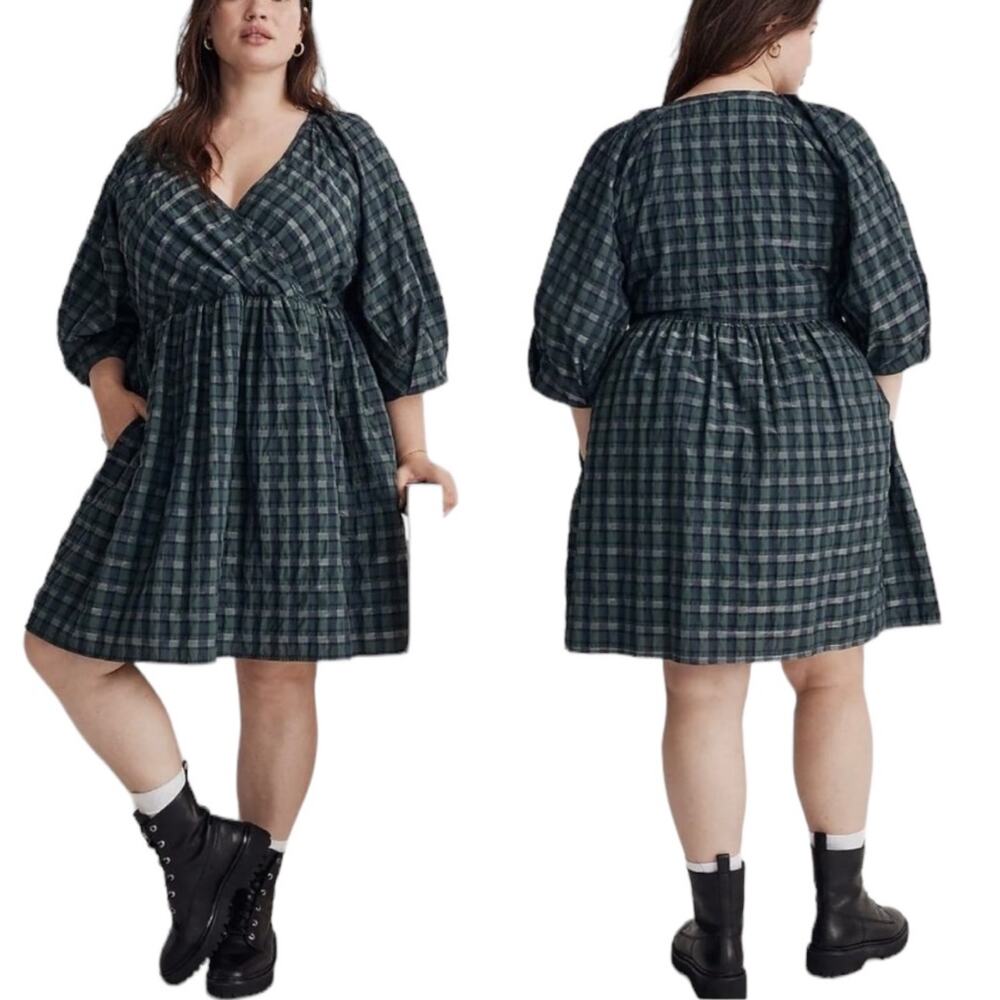 NWT Madewell Marianna Puff Sleeve Gingham Plaid Dress Green Blue Midi Size 1X